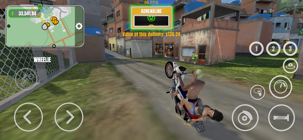 Motovlog Crazy Delivery Online - A player performing a motorcycle wheelie stunt in the urban streets of Motovlog Crazy Delivery Online