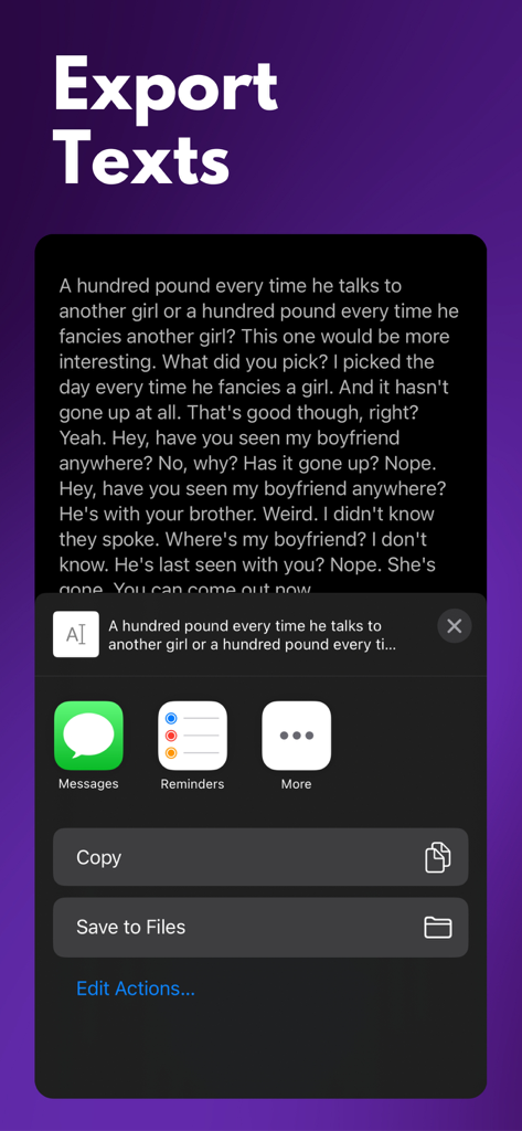 Transcribe: Voice to Text+ - Transcribe app interface showing options to export transcribed text via messages, copy, or save to files.