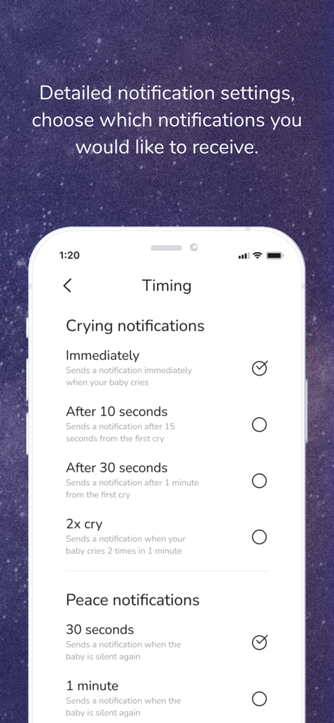 Einstellungen für den Benachrichtigungszeitpunkt für Weinen und Ruhealarme in der Baby Monitor App