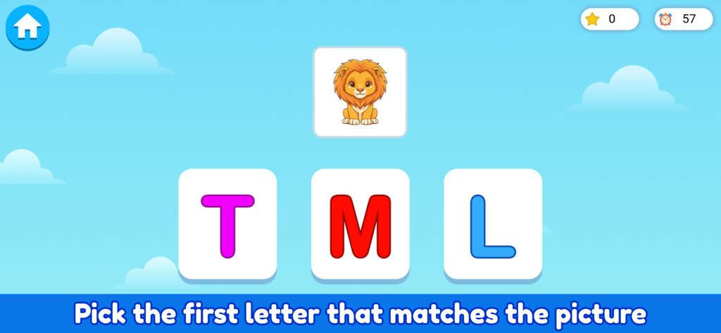 Educational letter matching game for kids showing a lion illustration and multiple letter choices