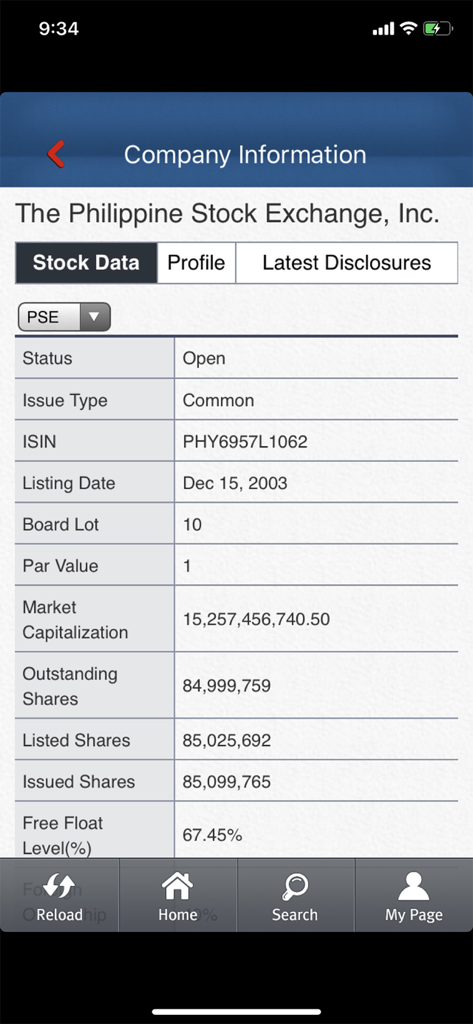 PSE EDGE - PSE EDGE app showing company stock data and market capitalization for the Philippine Stock Exchange