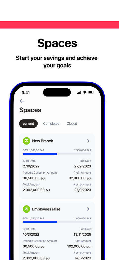 alrajhi bank business - 알라지 은행 비즈니스 앱 인터페이스, 새 지점 또는 직원 급여 인상과 같은 비즈니스 저축 목표를 추적하기 위한 저축 공간 기능 표시