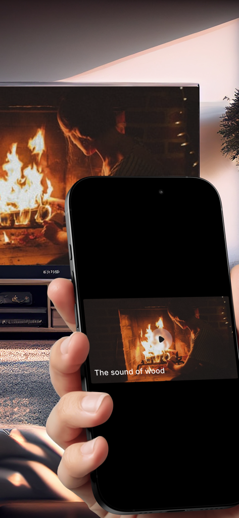 Smart Cast TV: Screen Share - A smartphone screen being mirrored to a large smart TV displaying a fireplace video