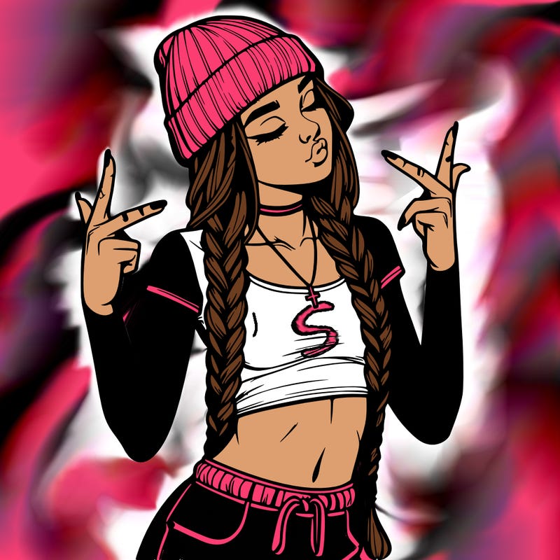 realistic teenage girl with braids and a beanie and crop top doing 🫶🏼