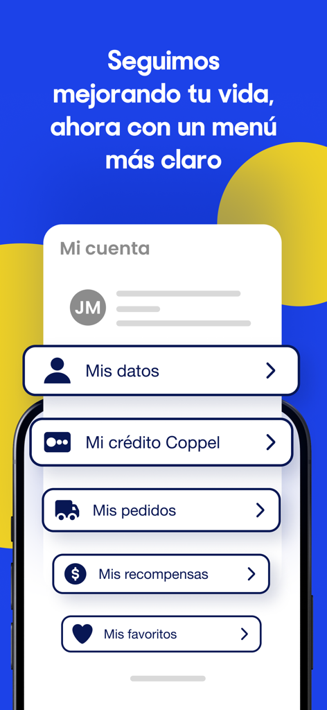 Coppel: compras en línea - Una pantalla móvil que muestra el menú de la cuenta de la aplicación de compras de Coppel con opciones para pedidos de crédito y recompensas en español.