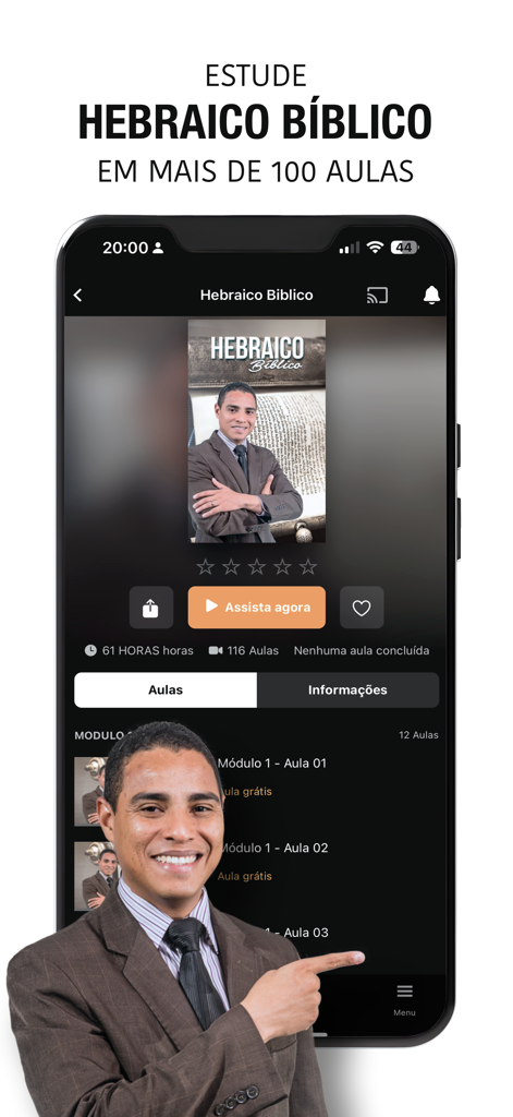 Academia de Pregadores - Interfaz de la aplicación Academia de Pregadores que muestra un curso de hebreo bíblico con más de 100 lecciones en video