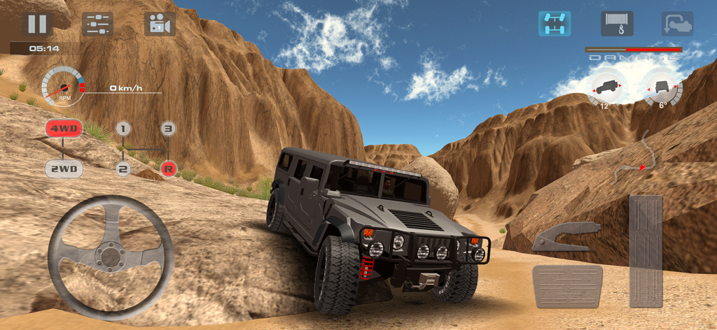 Technical 4x4 rock crawling simulation in OffRoad Drive Desert showing manual transmission and physics HUD in a desert canyon environment