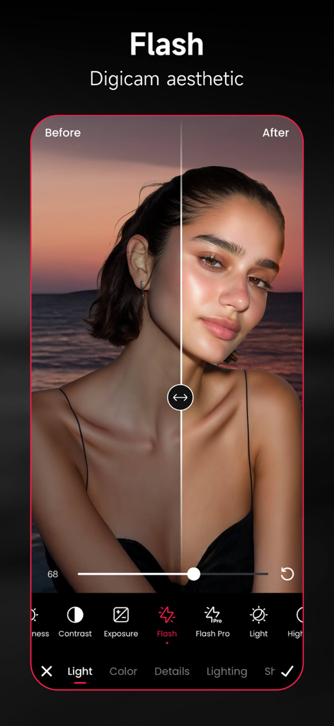 Interfaccia dell'app Meitu che mostra un confronto tra prima e dopo un ritratto utilizzando il filtro flash estetico Digicam
