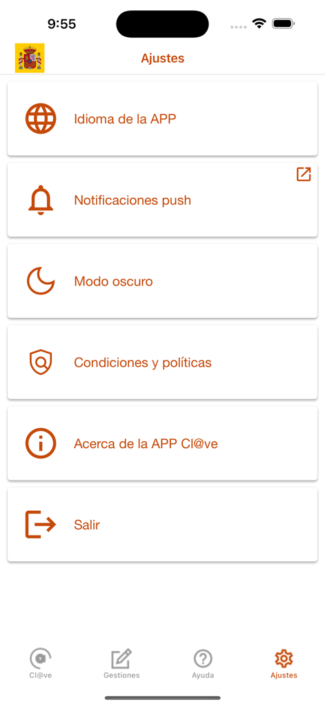 Menu de configurações do aplicativo Cl@ve mostrando opções de idioma, notificações e modo escuro.