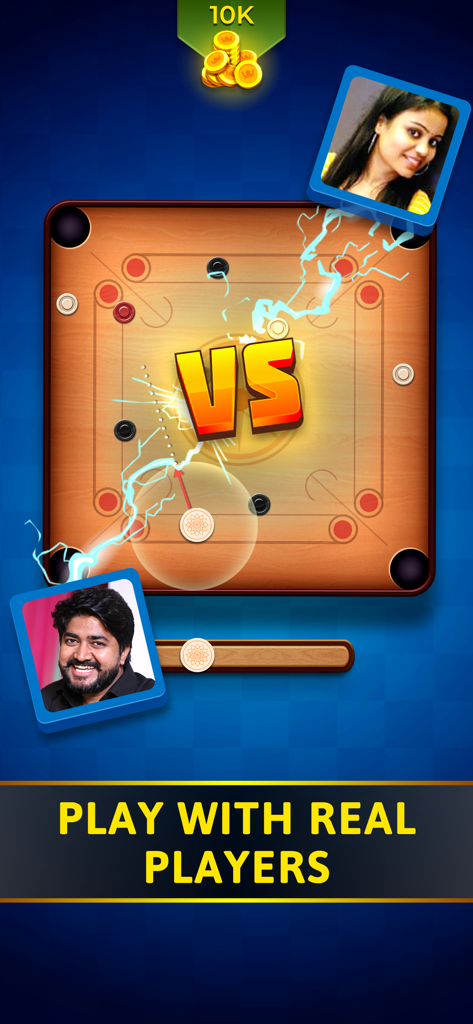 Carrom 3D SuperStar - Jugabilidad de Carrom 3D SuperStar que muestra una partida en vivo contra un jugador real con fotos de perfil y una apuesta de 10K monedas