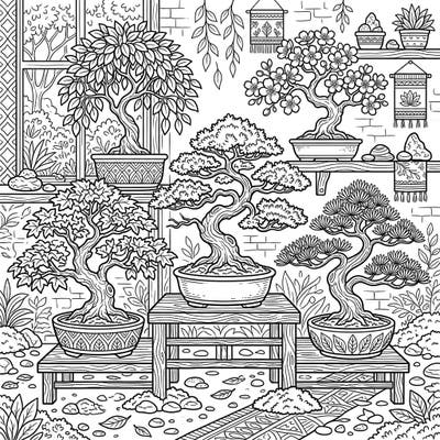 Discover the intricate beauty of miniature trees with this exquisite indoor bonsai coloring page. Cultivate calm and unleash your creativity as you bring this serene garden to life with your favorite colors.