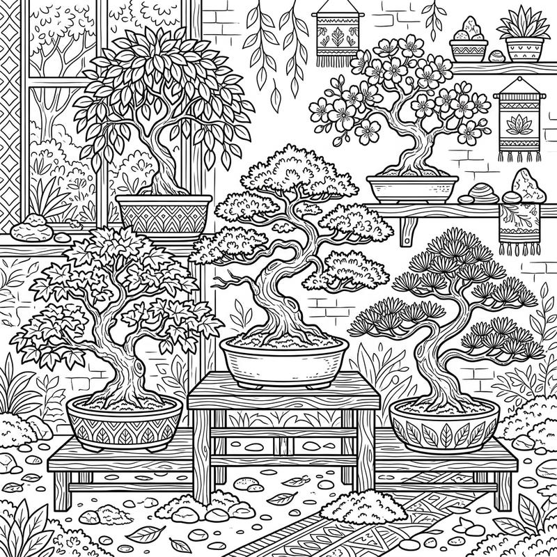 Discover the intricate beauty of miniature trees with this exquisite indoor bonsai coloring page. Cultivate calm and unleash your creativity as you bring this serene garden to life with your favorite colors.