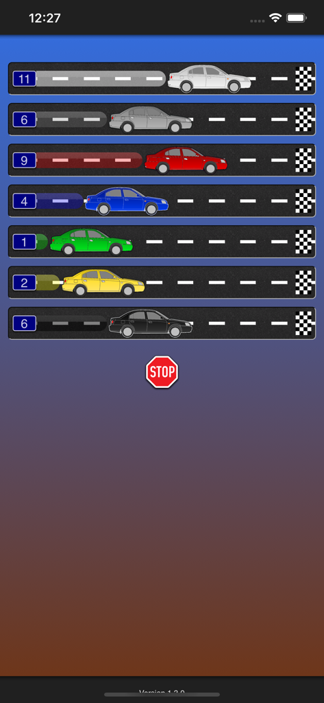 車の数えゲームのインターフェース。道路の車線に並んだ色の車と数値の集計が表示されています。