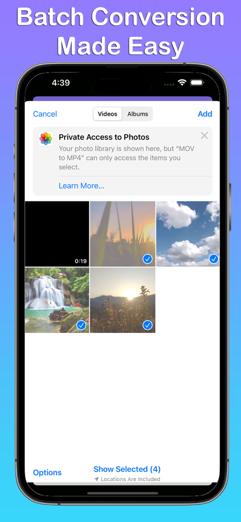 一括変換のための複数の動画選択を示すiPhone画面