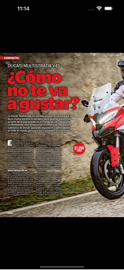 Motos Revista - A digital magazine page in Spanish reviewing the Ducati Multistrada V4S motorcycle