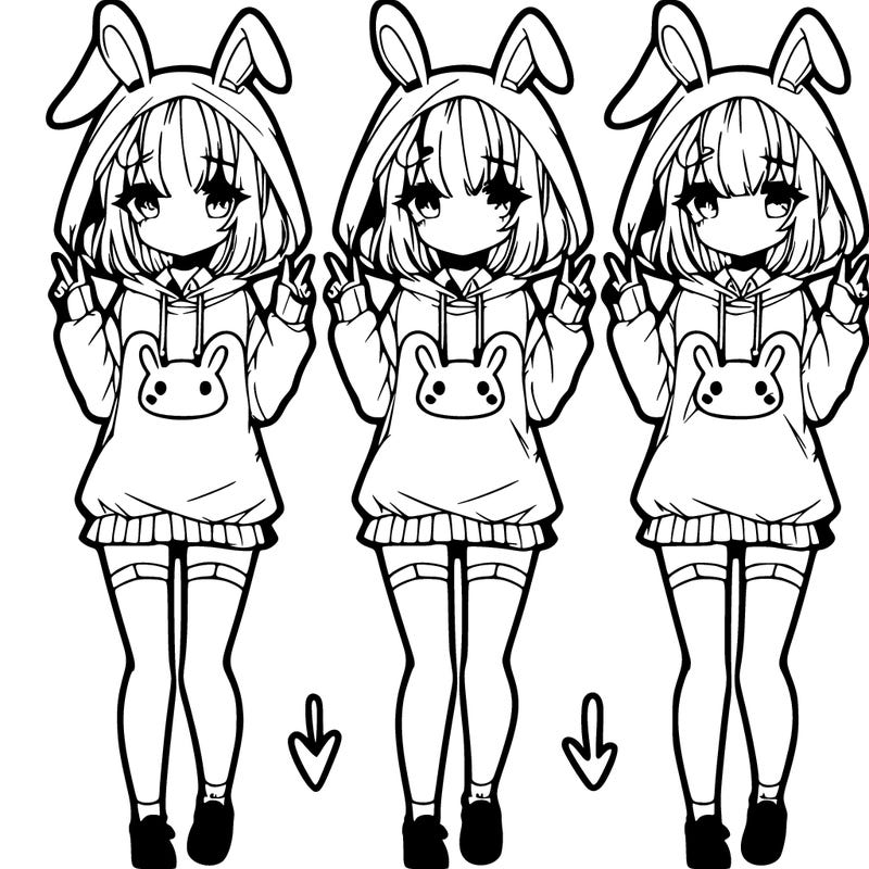 splits into 4 parts cute anime girl with bunny sweatshirt