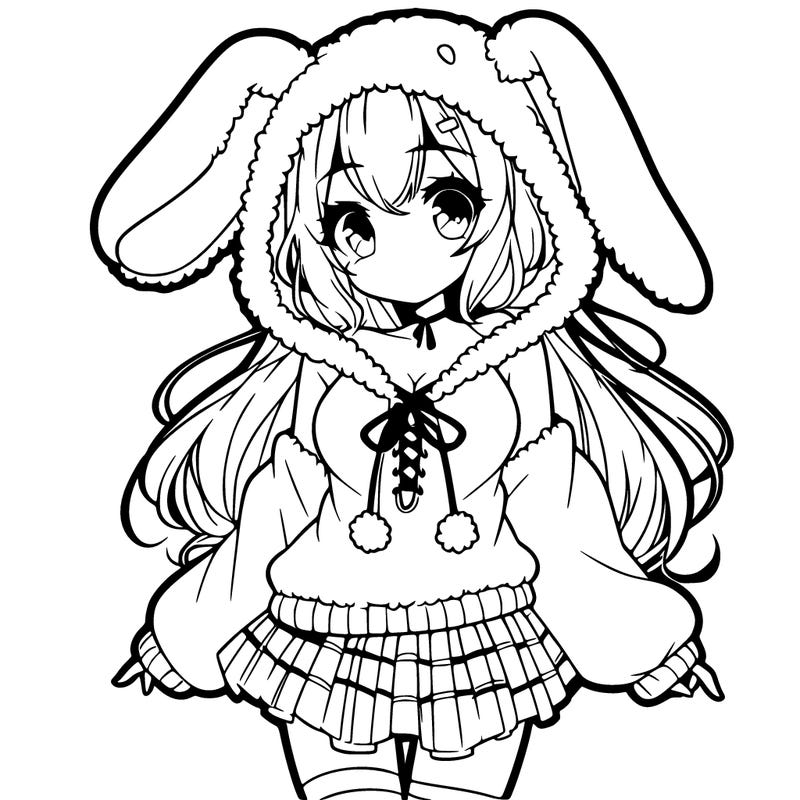 pretty anime girl wearing a fluffy hoodie with bunny ears on the hood and a skirt