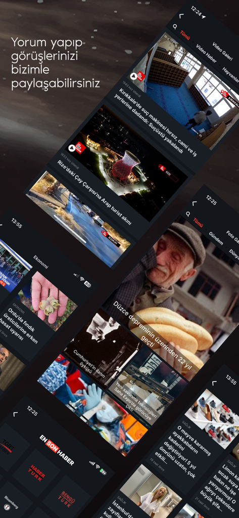 Ensonhaber mobile app screens displaying Turkish news headlines and video content
