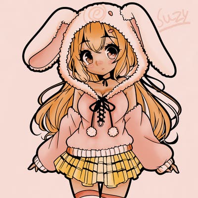 pretty anime girl wearing a fluffy hoodie with bunny ears on the hood and a skirt