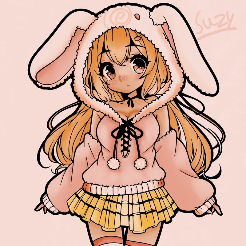 pretty anime girl wearing a fluffy hoodie with bunny ears on the hood and a skirt