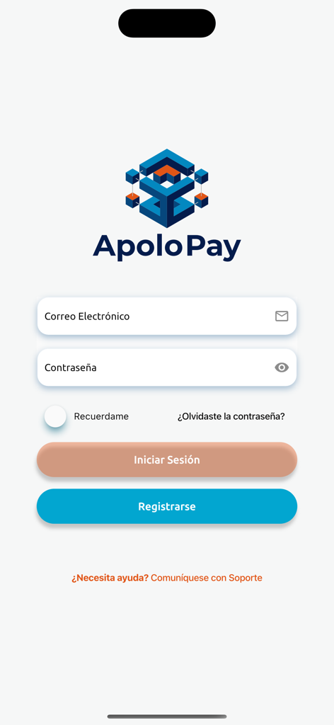 Apolo Pay - Interfaz de inicio de sesión de la billetera digital Apolo Pay en español con campos de entrada para correo electrónico y contraseña.