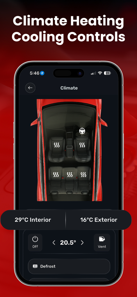 Tesla App – Elvee - Interfaz de la aplicación Elvee de Tesla que muestra los controles remotos de calefacción y refrigeración del habitáculo con ajustes de calefacción de asientos y temperatura