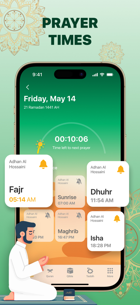 Muslim Prayer Times app interface showing a countdown and daily prayer schedule with Athan notifications
