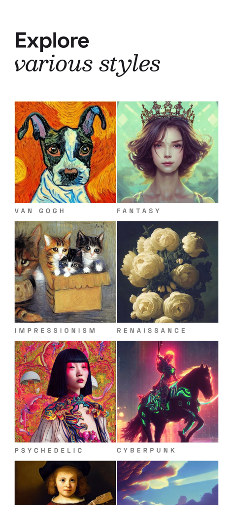 アプリ内でゴッホファンタジーやサイバーパンクのような多様なAI生成アートスタイルを紹介するグリッド。