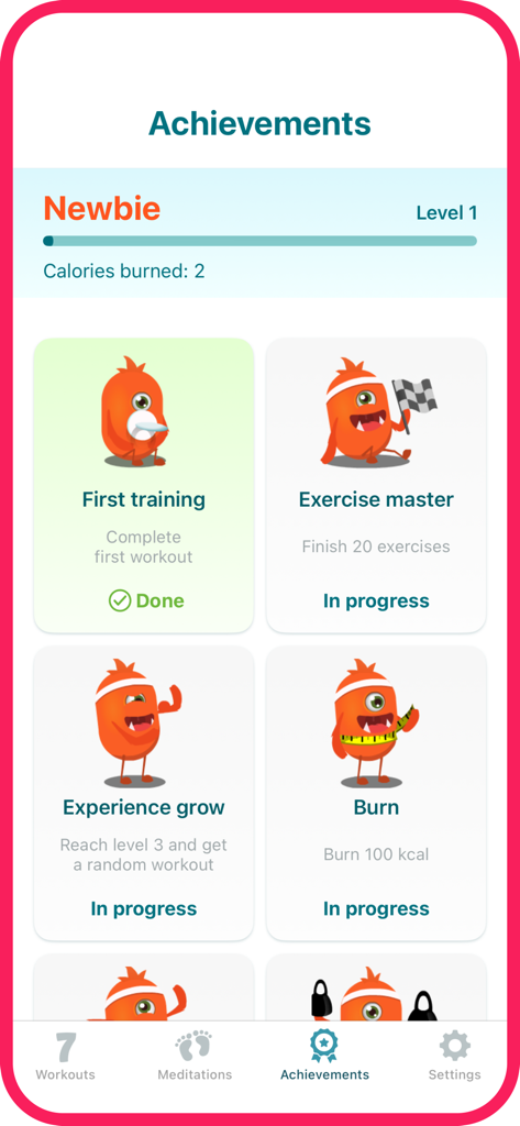 30 days Abs Workout Challenge - Achievements screen in the 30 days Abs Workout Challenge app showing gamified fitness goals and character mascots