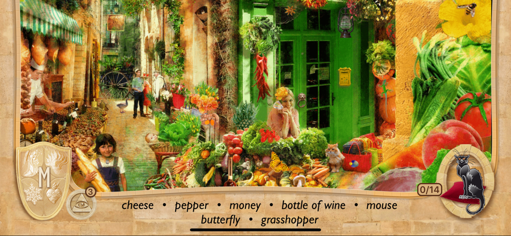 A detailed hidden object game level showing a vibrant outdoor market in Paris with various items and characters