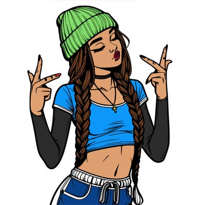 realistic teenage girl with braids and a beanie and crop top doing 🫶🏼