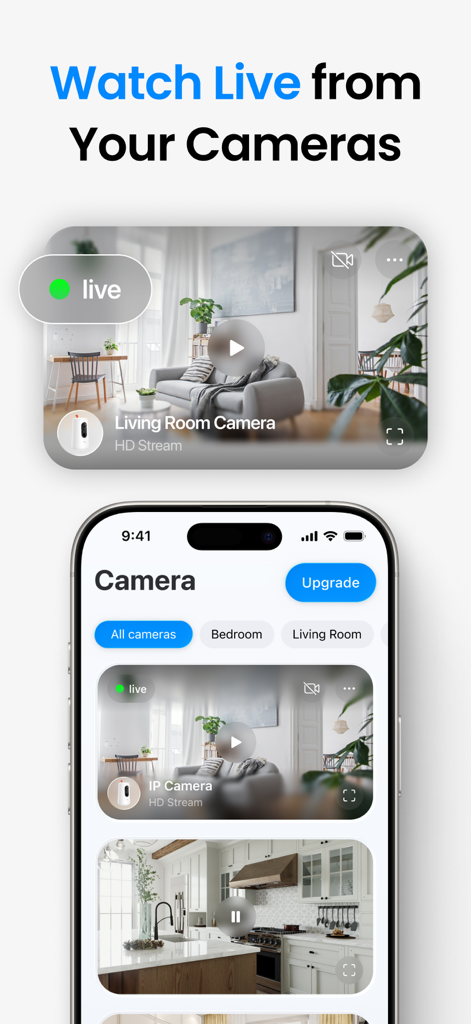 Flux vidéo en direct de l'application de caméra de sécurité domestique d'un salon sur un écran d'iPhone