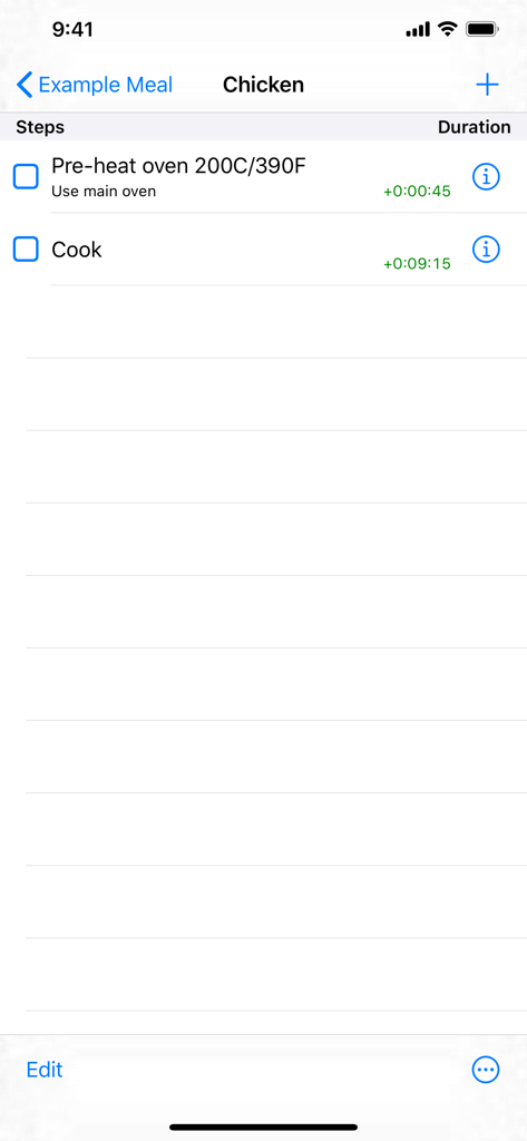 Easy Cooking Timer app showing a list of cooking steps for a chicken meal.