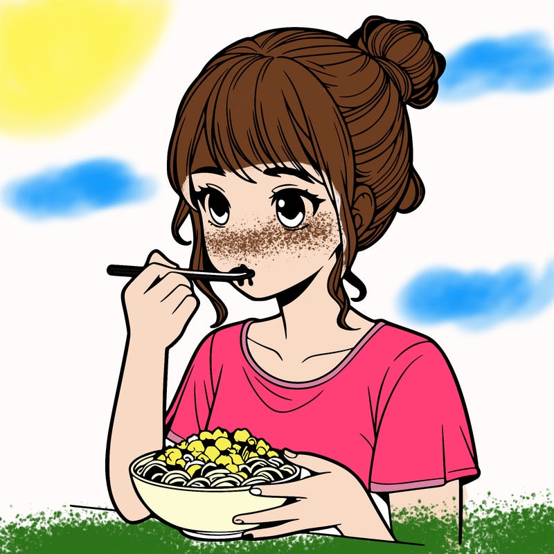 a realistic girl, eating food
