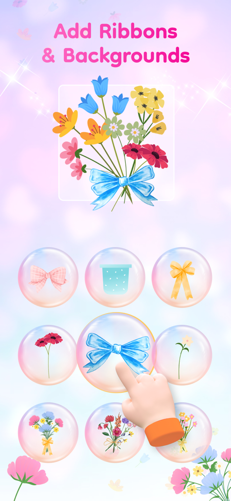 FloralWhisperアプリのインターフェースで、デジタルフラワーブーケ用の青いリボンを選択している手