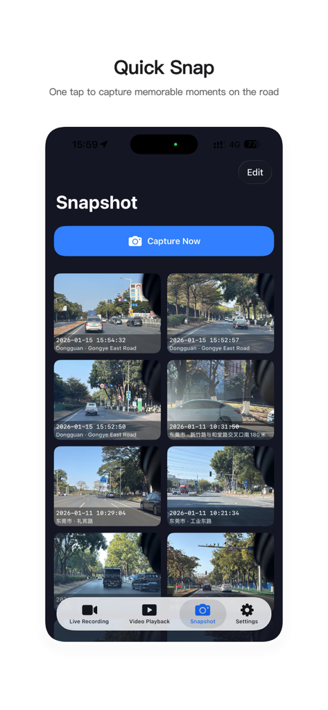 LüTuJi - Dash Cam & Video Rec - Schnappschuss-Galerie-Bildschirm der LuTuJi Dashcam-App, die aufgenommene Straßenfotos mit Zeitstempeln und Standortdaten anzeigt.