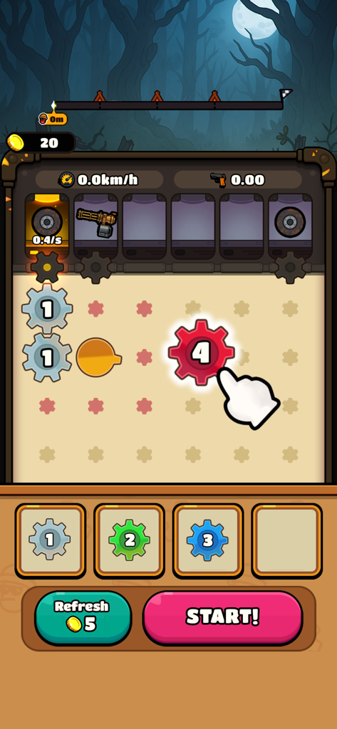 A mobile game interface of Gear Truck showing gears of various levels being merged and prepared for vehicle equipment in a zombie defense setting.