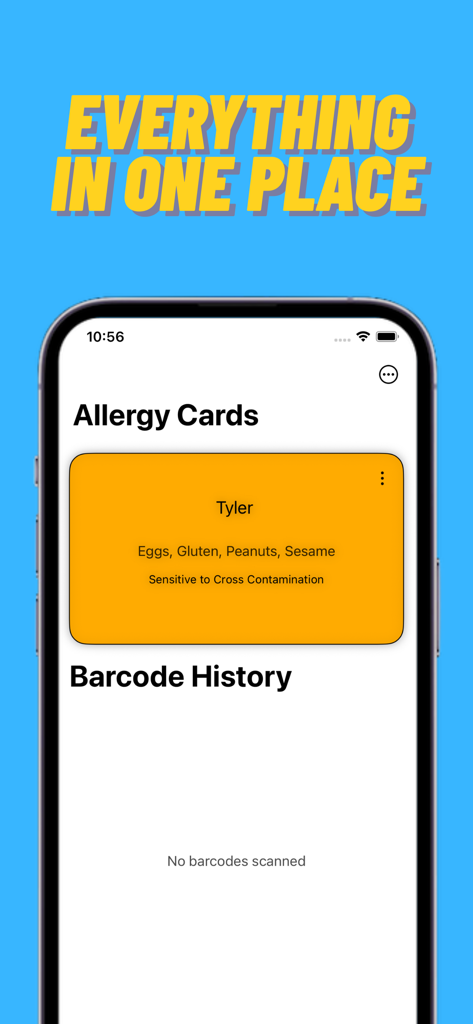 Allerly - Interfaz de la aplicación Allerly que muestra una tarjeta de alergia personalizada con alérgenos alimentarios específicos y notas sobre la contaminación cruzada.