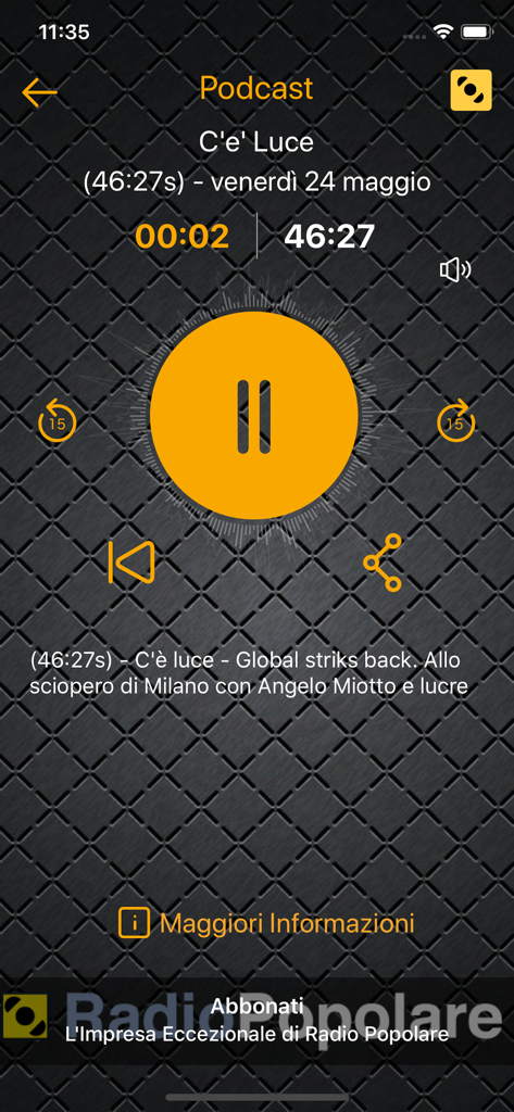 Radio Popolare - Radio Popolare app podcast player screen showing playback controls