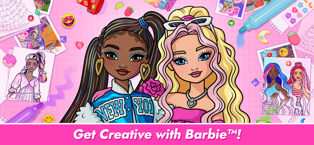 Barbie Color Creations - Duas bonecas Barbie diversas em um aplicativo de arte e moda digital colorido