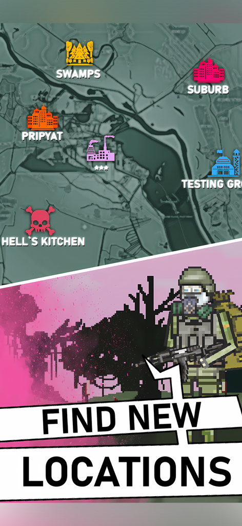 Pocket ZONE - Map showing different locations like Pripyat and Hell's Kitchen in the Pocket ZONE mobile game.