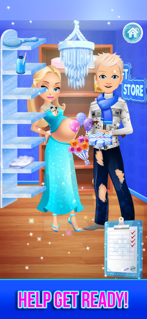 Pregnant Ice Queen and Daddy characters in a winter gift shop getting ready