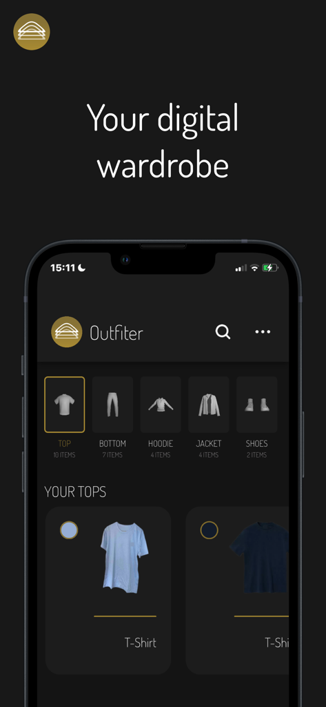 Outfiter - Mobile screen showing the Outfiter app interface with a digital wardrobe organizing t-shirts and clothing categories