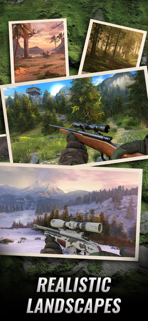 A collage showing realistic hunting environments including forests and snowy mountains with a sniper rifle in first-person view
