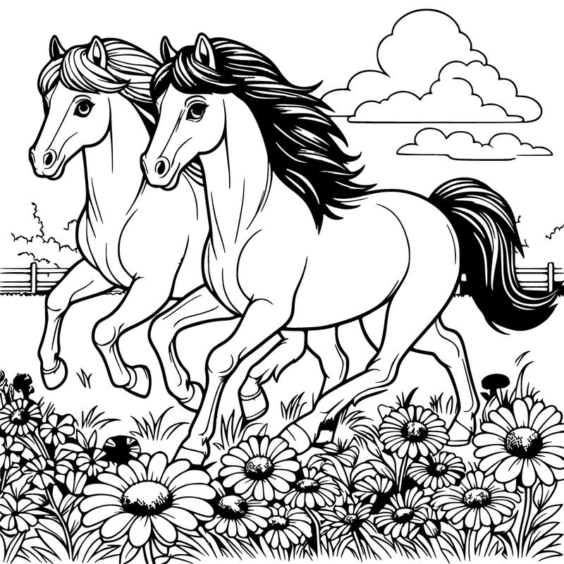 realistic horses running through a field of flowers