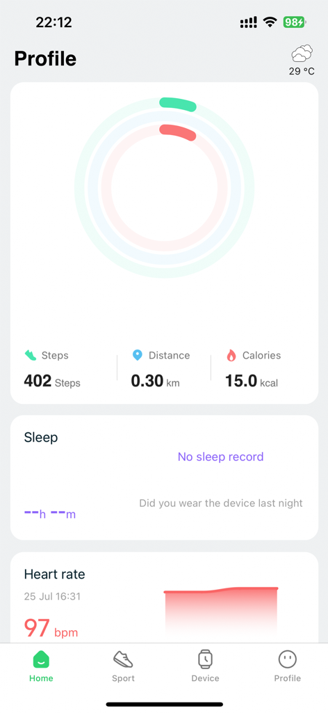GloryFitPro - Panel de seguimiento de fitness GloryFitPro que muestra datos de pasos, distancia y frecuencia cardíaca
