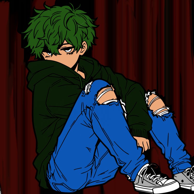 a male hoddie ripped jeans messy hair anime