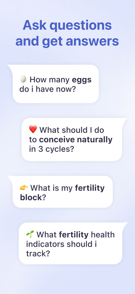 Esempio di domande sulla fertilità e sul concepimento nell'interfaccia dell'assistente sanitario AI di Femia.