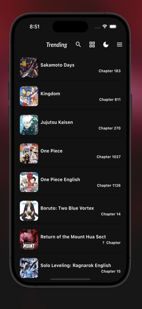 Lista de mangás em alta no aplicativo Manga Cloud mostrando séries populares como One Piece e Jujutsu Kaisen no modo escuro.