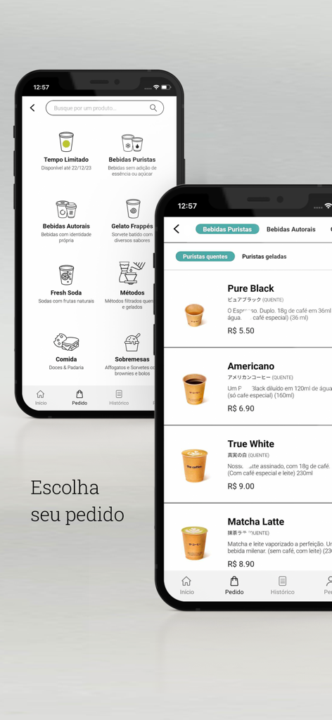 The Coffee - Two iPhone screens displaying the minimalist beverage menu and ordering interface for The Coffee app.